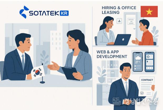 한국 기업과 SotaTek이 하노이 사무실에서 미팅을 진행하는 모습, 한국 고객사를 위해 SotaTek이 개발한 앱 화면, 그리고 베트남 진출 초기 단계에서 기업을 지원하는 인력 모습이 담겨 있다. (출처: OpenAI 챗GPT)