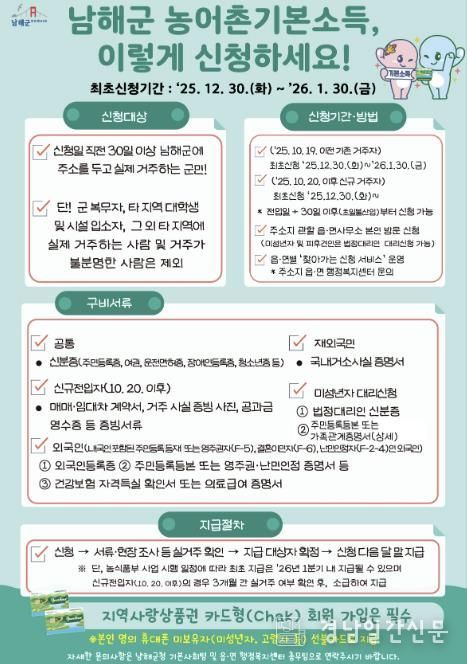 남해군, 농어촌 기본소득 신청 접수 시작