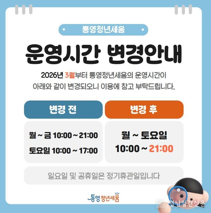 통영시 청년센터(청년세움), 토요일 야간 운영 전격 확대