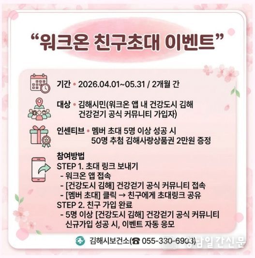 김해시보건소, ‘워크온’ 친구초대 가입 이벤트 추진